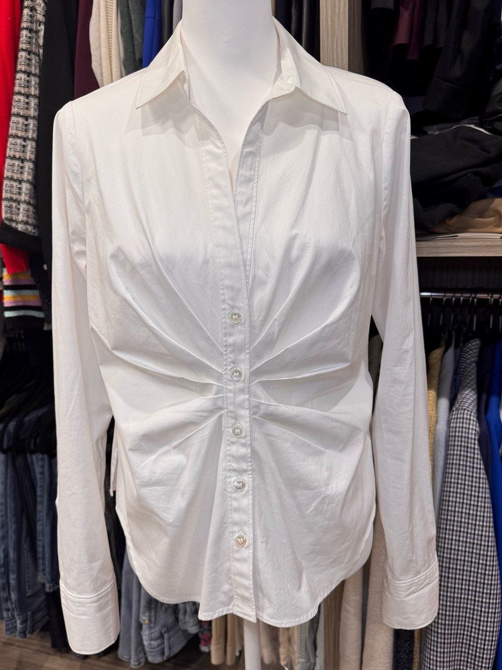 Veronica Beard White Gathered Front Cotton Button-Down Shirt